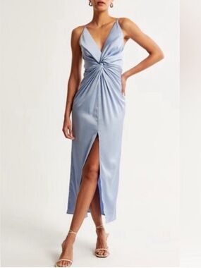 Abercrombie & Fitch Light Blue Satin Draped Twist-Front Maxi Dress Size Large L